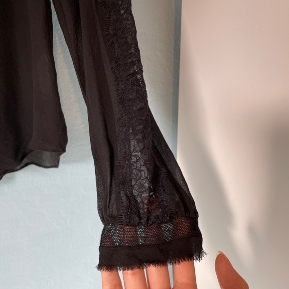 rebecca taylor lace sheer silk lace long sleeve top black button up raw hem 0 - Picture 4 of 8